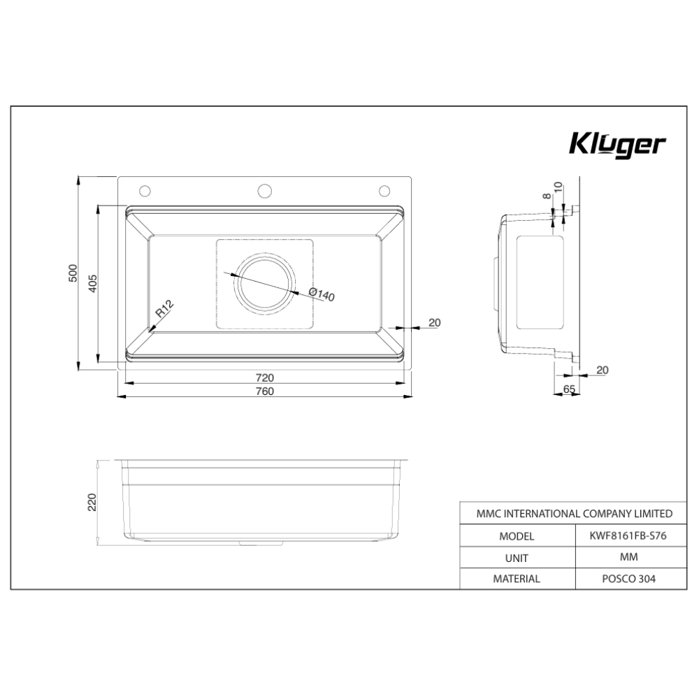 Chậu rửa chén Posco 304 Linen dập nổi KLUGER KWF8161FB-S76 (K600 Series)