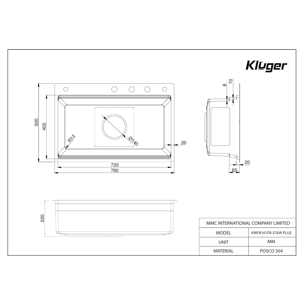 Chậu rửa chén Posco 304 Linen dập nổi KLUGER KWF8161FB-S76WPlus (K600 Series)
