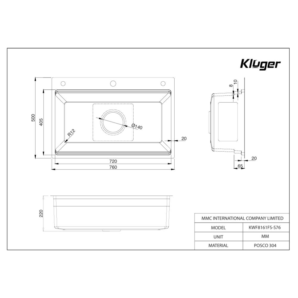 Chậu rửa chén Posco 304 Linen dập nổi KLUGER KWF8161FS-S76 (K600 Series)