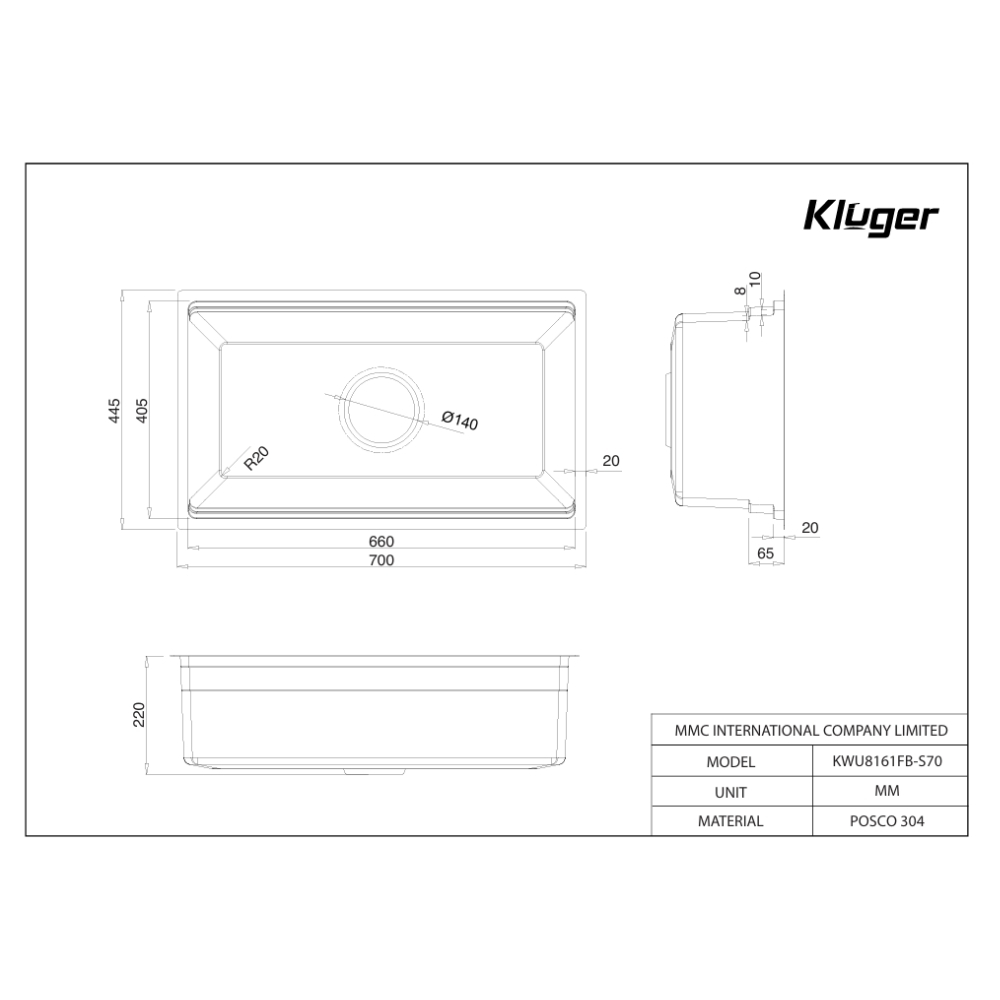 Chậu rửa chén Posco 304 Linen dập nổi KLUGER KWU8161FB-S70 (K600 Series)