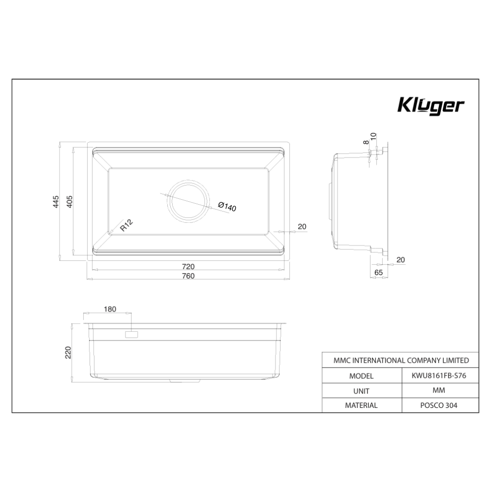 Chậu rửa chén Posco 304 Linen dập nổi KLUGER KWU8161FB-S76Plus (K600 Series)