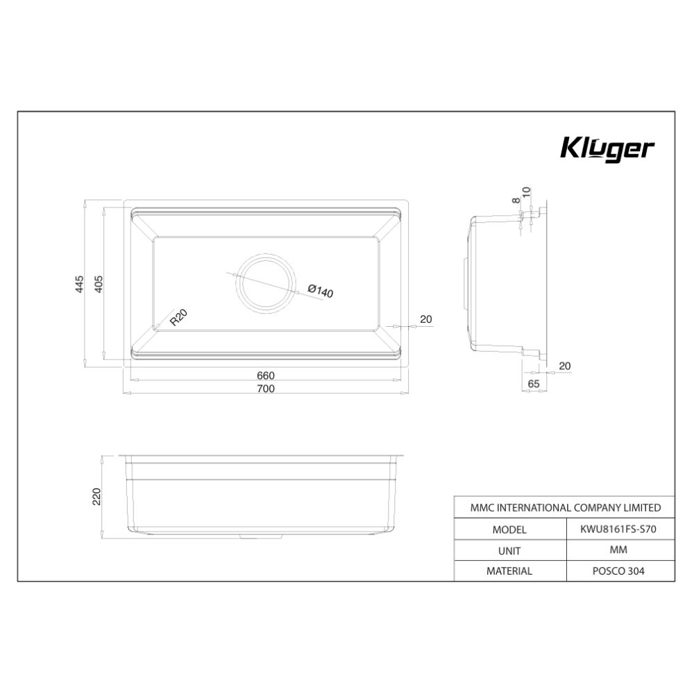 Chậu rửa chén Posco 304 Linen dập nổi KLUGER KWU8161FS-S70 (K600 Series)