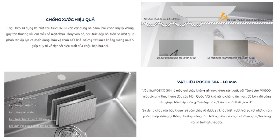 Chậu rửa chén Posco 304 Linen dập nổi KLUGER KWU8161FS-S76Plus (K600 Series)