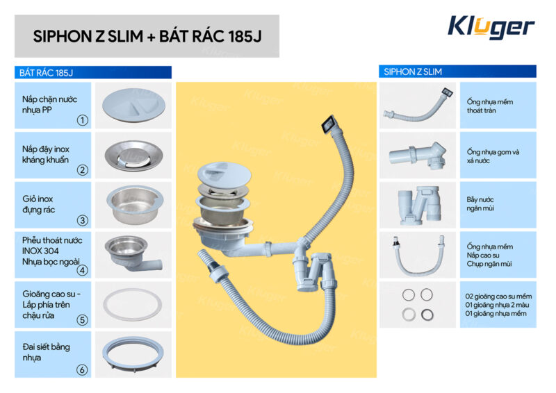 Siphon chậu rửa bát 1 hộc KLUGER Z-SLIM