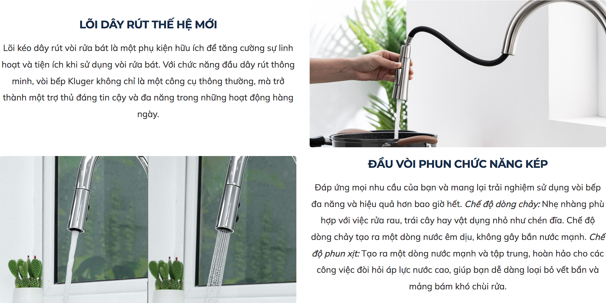 Vòi chậu bếp nóng lạnh dây rút PLUTO KLUGER KLF0005C (KLF0005B)