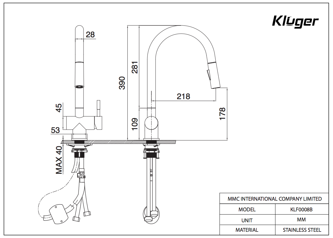 Vòi chậu bếp nóng lạnh dây rút RENE KLUGER KLF0008S (KLF0008B)