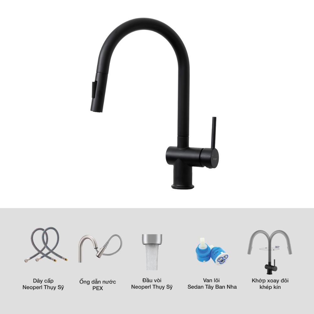 Vòi chậu bếp nóng lạnh dây rút RENE KLUGER KLF0008SS / KLF0008SC / KLF0008SB