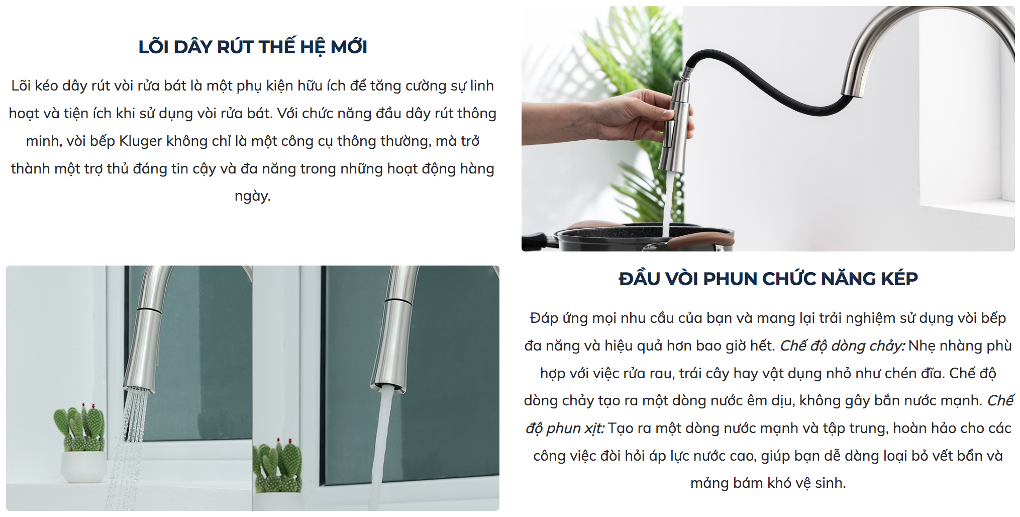 Vòi chậu bếp nóng lạnh dây rút MOZA KLUGER KLF0009C (KLF0009S)