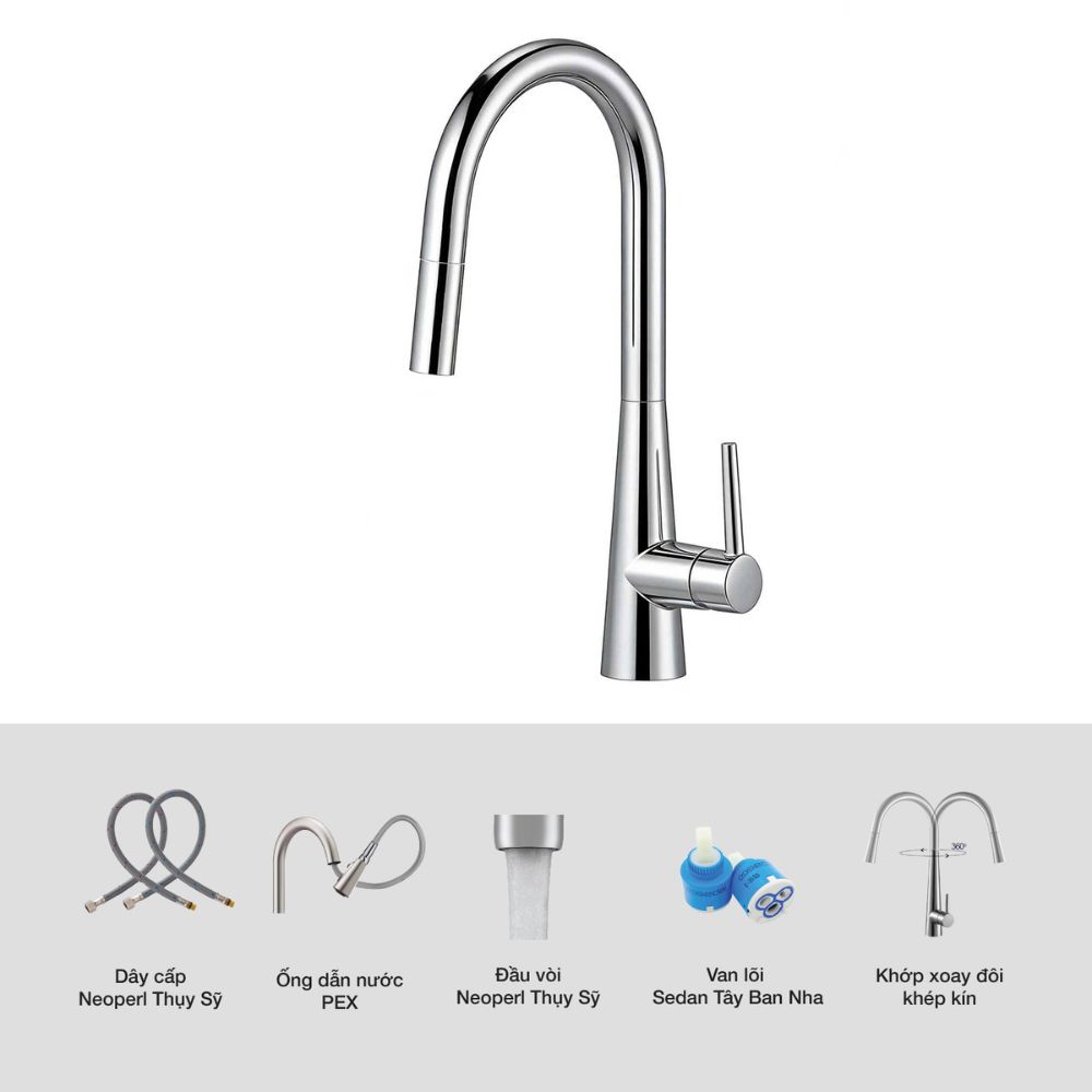Vòi chậu bếp nóng lạnh dây rút MOZA Kluger KLF0009SC