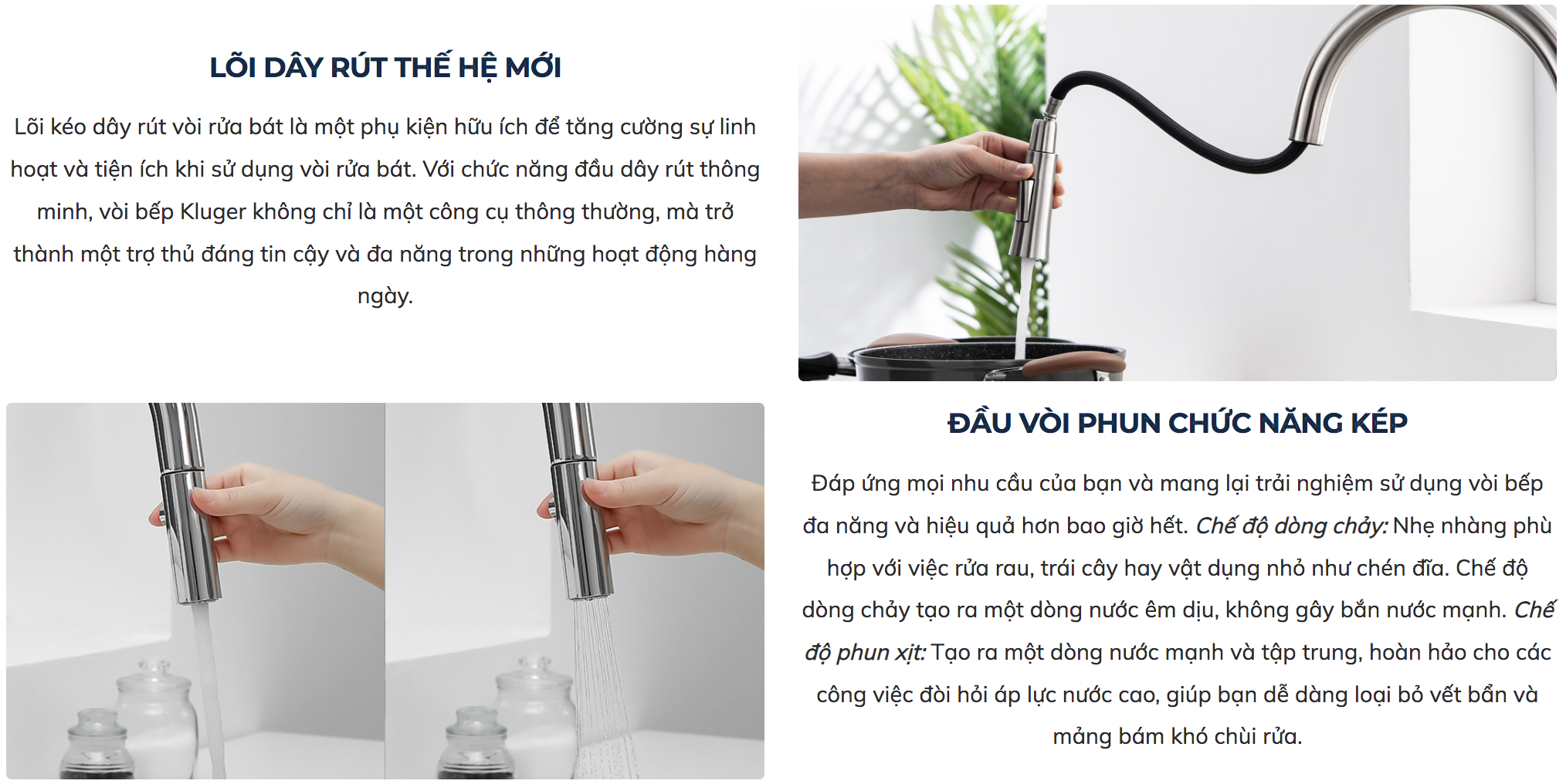 Vòi chậu bếp nóng lạnh dây rút JADE KLUGER KLF0010B (KLF0010C)