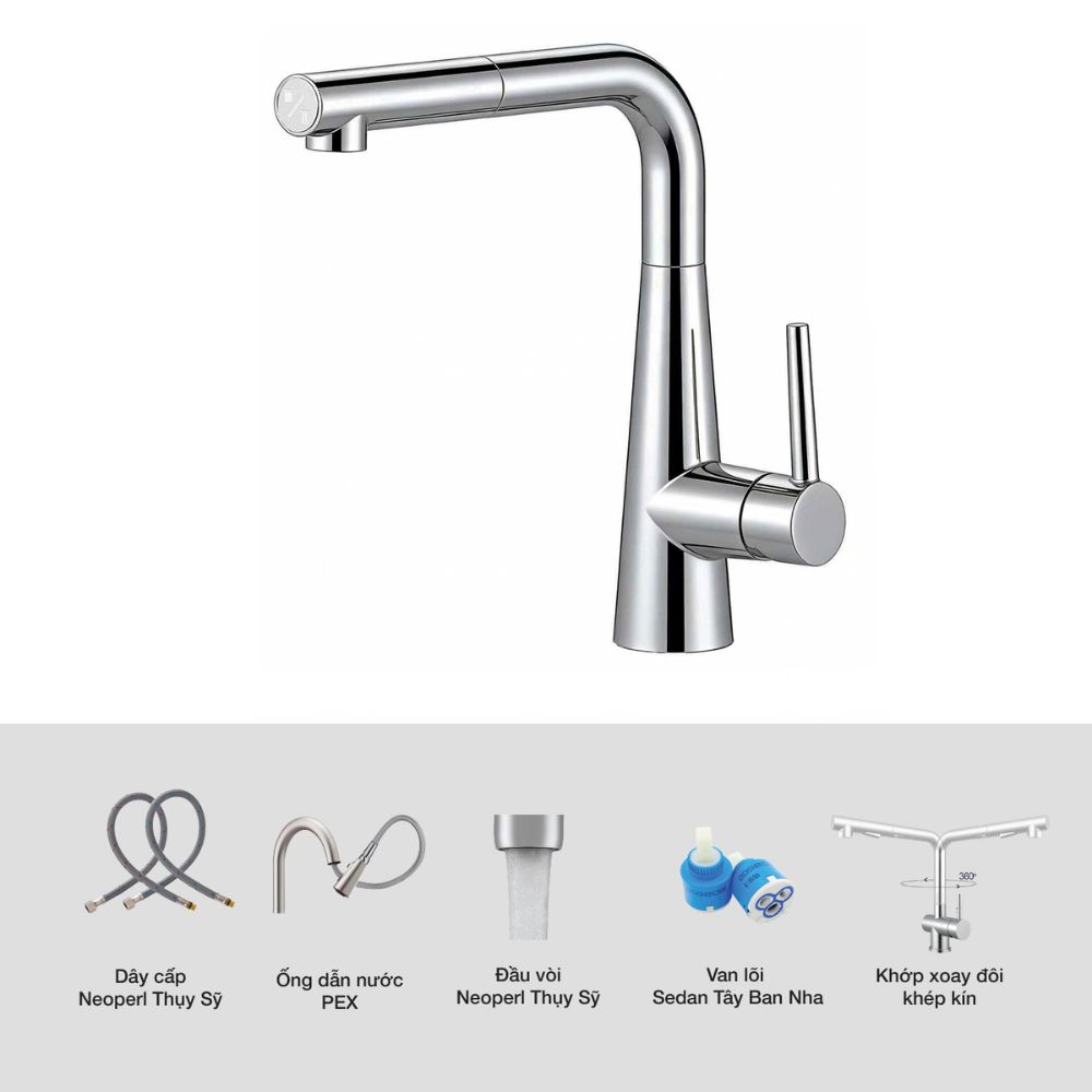 Vòi chậu bếp nóng lạnh dây rút MOZA Kluger KLF0013SC