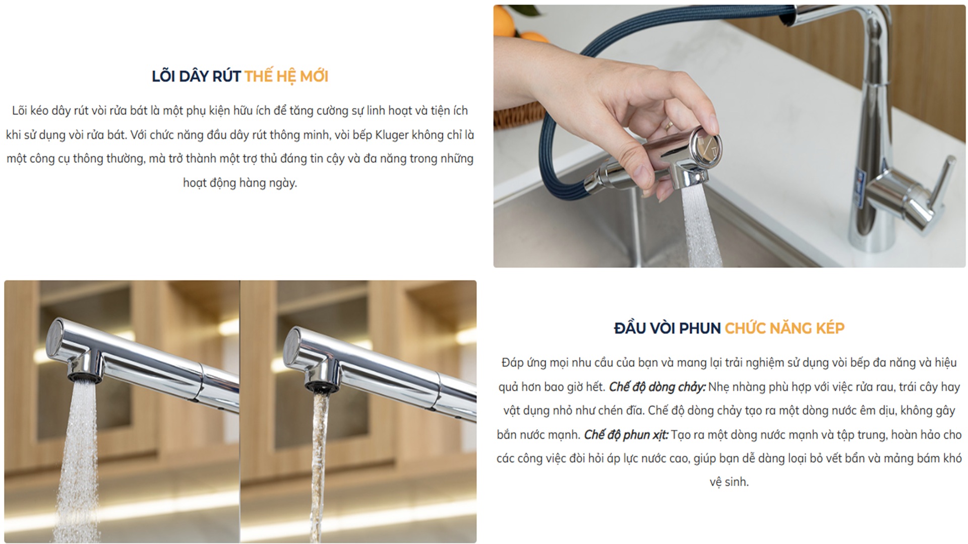 Vòi chậu bếp nóng lạnh dây rút MOZA Kluger KLF0013SC