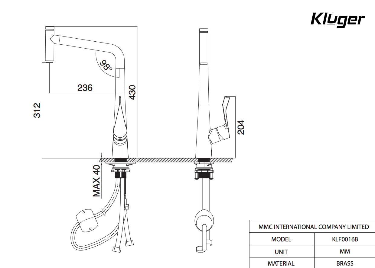 Vòi chậu bếp nóng lạnh dây rút GRACE Kluger KLF0016B (KLF0016C)