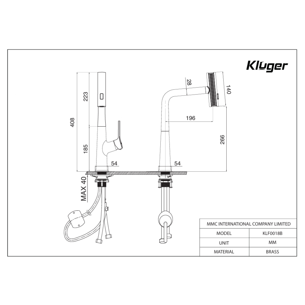Bản vẽ kỹ thuật vòi bếp nóng lạnh dây rút RAIN Kluger KLF0018B / KLF0018S