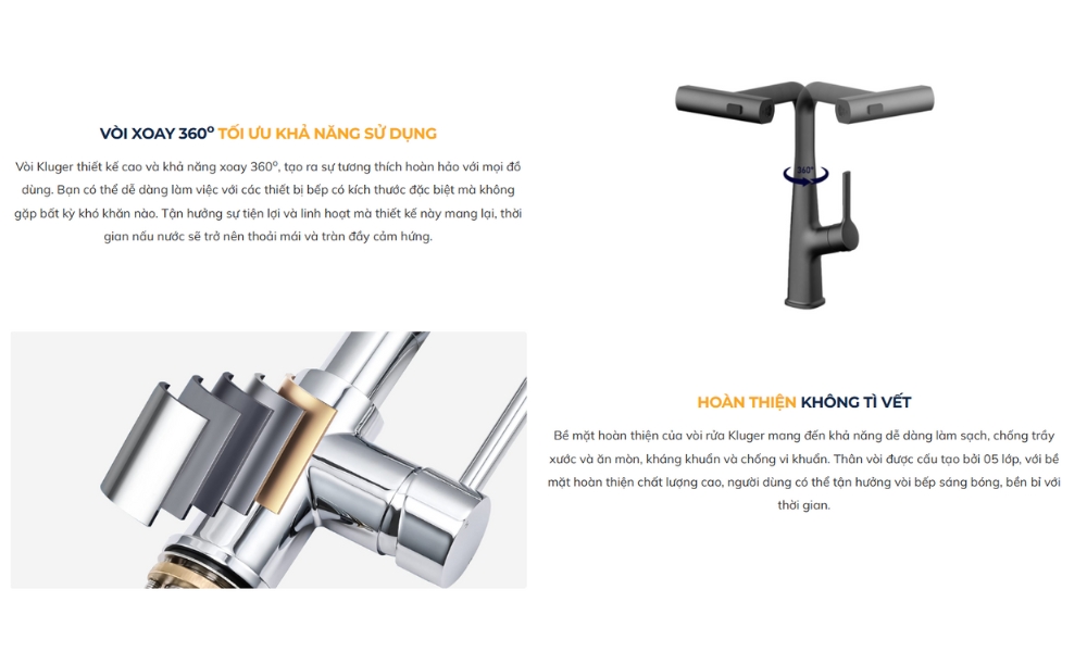 Đặc điểm nổi bật vòi bếp nóng lạnh dây rút RAIN Kluger KLF0018B / KLF0018S