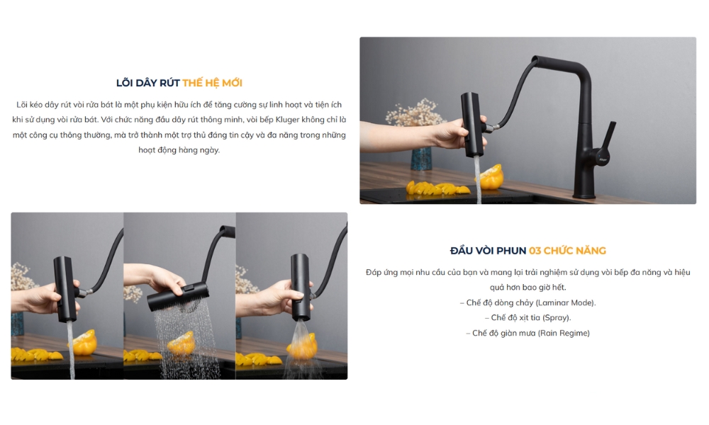Đặc điểm nổi bật vòi bếp nóng lạnh dây rút RAIN Kluger KLF0018B / KLF0018S