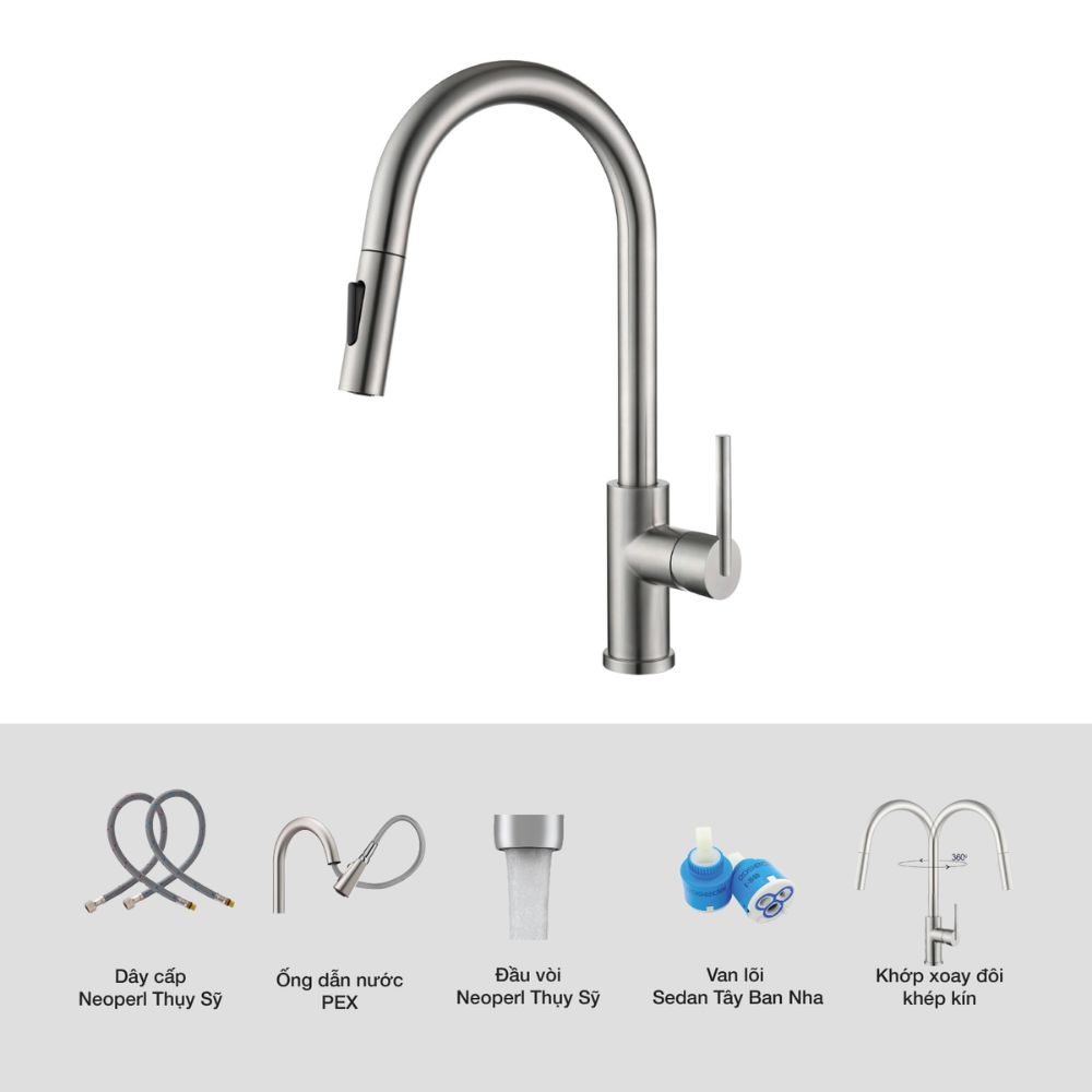 Vòi chậu bếp nóng lạnh dây rút NOVA KLUGER KLF0030S