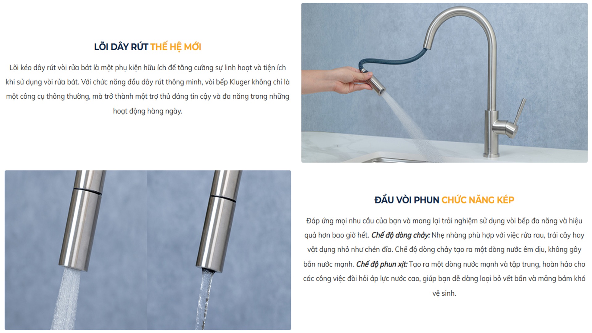 Vòi chậu bếp KLUGER KLF0031S / KLF0031SC nóng lạnh dây rút NOVA