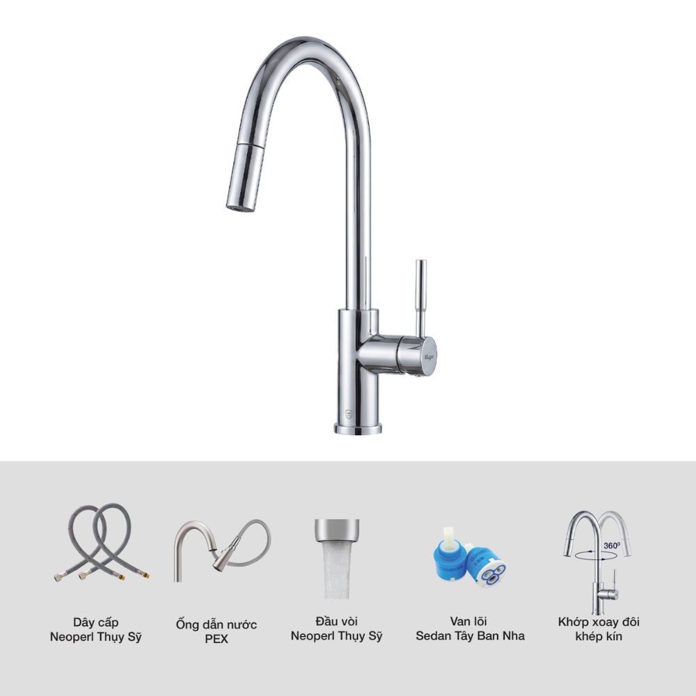 Vòi chậu bếp KLUGER KLF0031S / KLF0031SC nóng lạnh dây rút NOVA