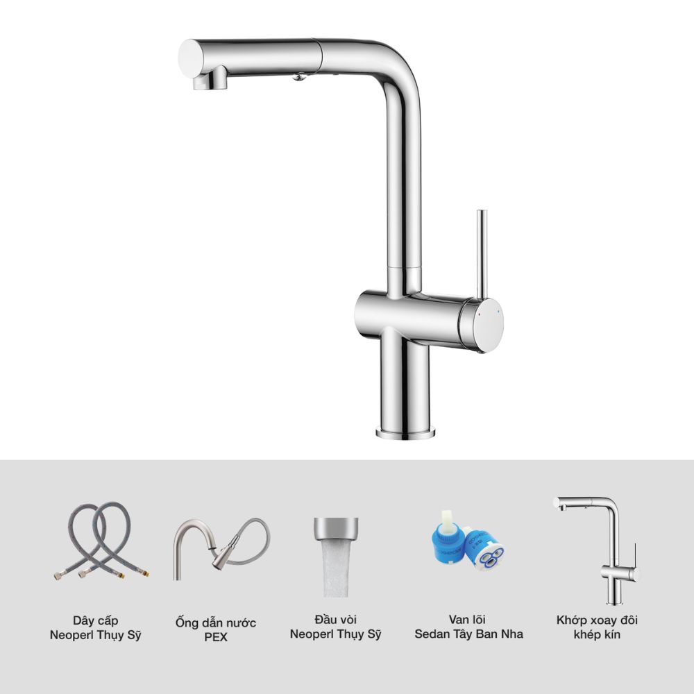 Vòi chậu bếp nóng lạnh dây rút STRONG KLUGER KLF0034C