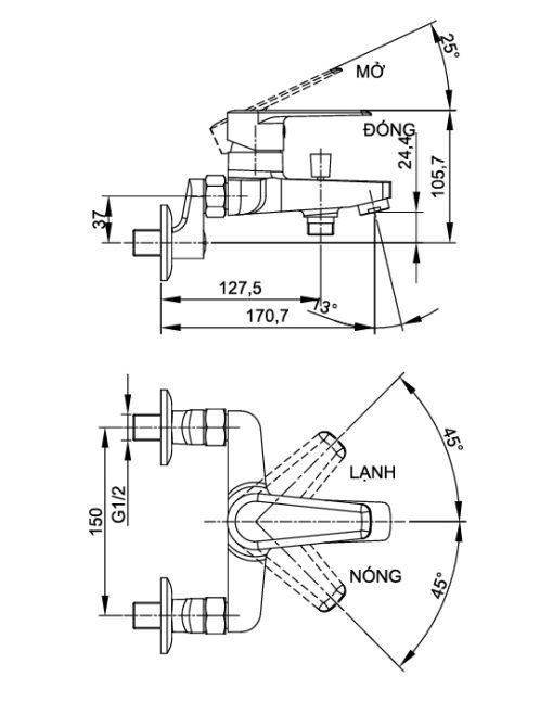Bản vẽ kỹ thuật của vòi sen Luxta L2223+T11