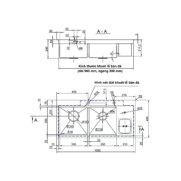 Chậu chén Inox 304 2 hộc 100x48cm Luxta LC10048-3.0