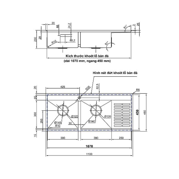 Chậu chén Inox 304 2 hộc 110x48cm Luxta LC11048-3.0
