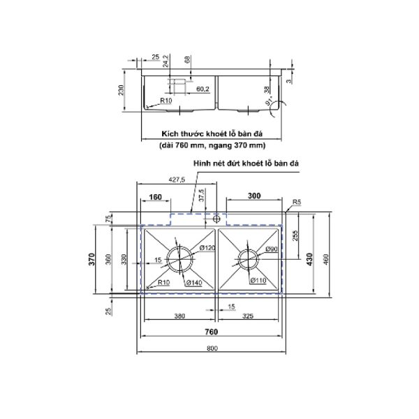 Chậu chén Inox 304 2 hộc 80x46cm Luxta LC8046-3.0