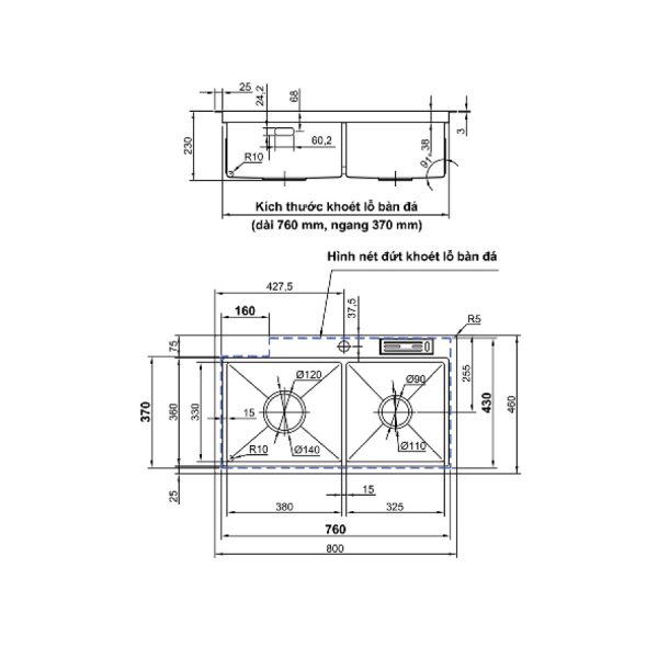 Chậu chén Inox 304 2 hộc 80x46cm Luxta LC8046K-3.0