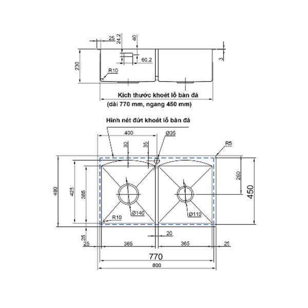 Chậu chén Inox 304 2 hộc 80x48cm Luxta LC8048-3.0