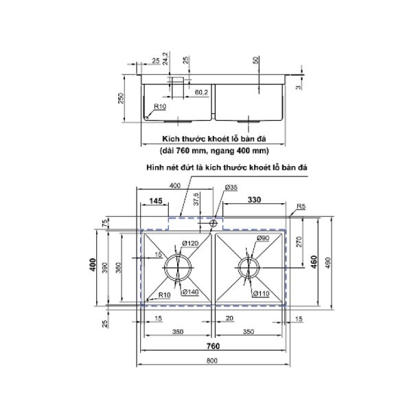 Chậu chén Inox 304 2 hộc 80x49cm Luxta LC8049-3.0