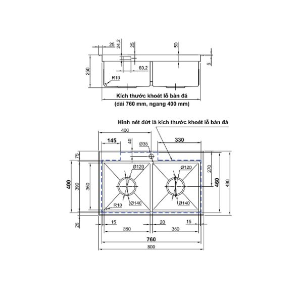 Chậu chén Inox 304 2 hộc 80x49cm Luxta LC8049-5.0