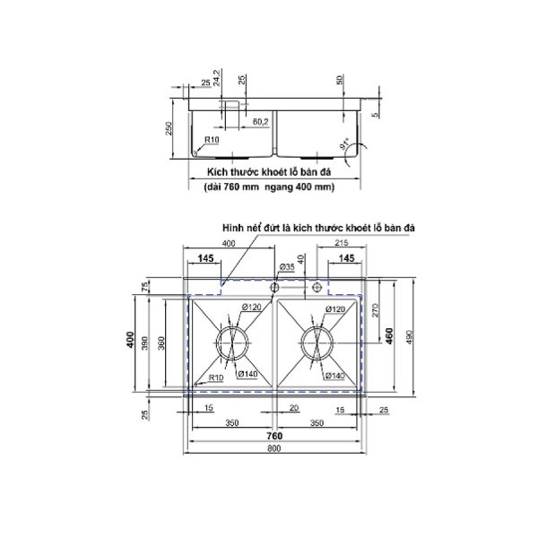 Chậu chén Inox 304 2 hộc 80x49cm Luxta LC8049N-5.0