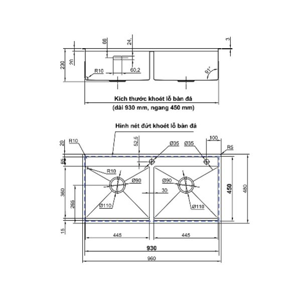 Chậu chén Inox 304 2 hộc 96x48cm Luxta LC9648-3.0