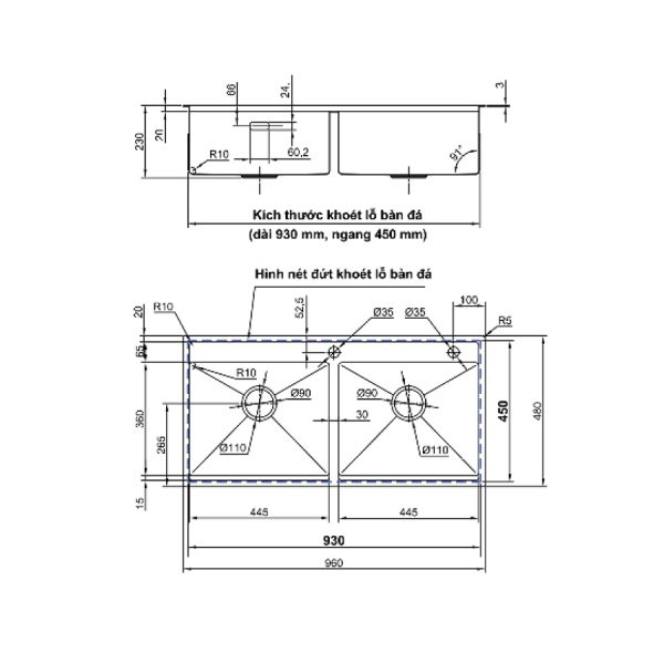 Chậu chén Inox 304 2 hộc 96x48cm Luxta LC9648S-3.0