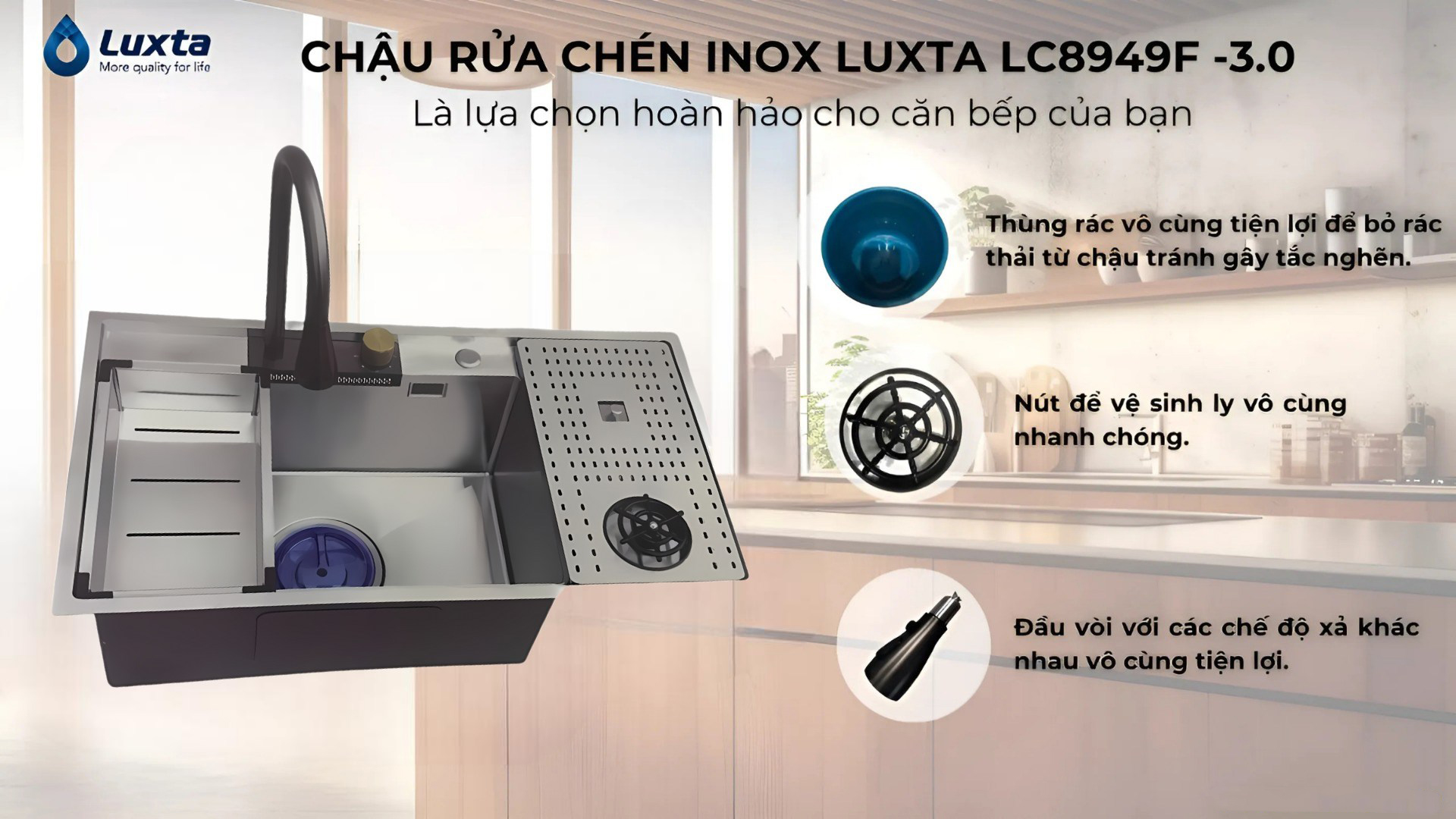 Chậu rửa chén 1 hố kèm vòi Luxta LC8949F-3.0