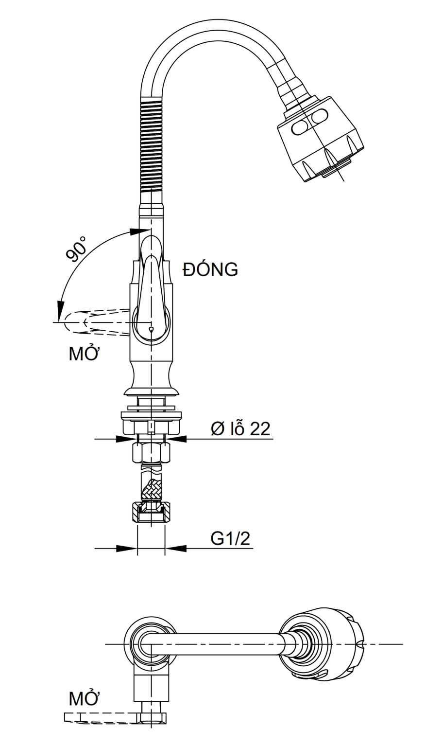 Bản vẽ kỹ thuật vòi rửa chén lạnh Luxta L3101T3B