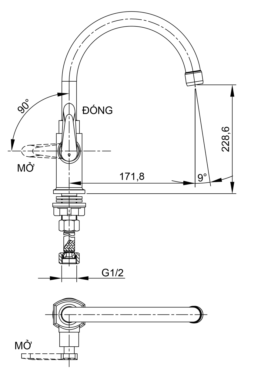 Bản vẽ kỹ thuật của vòi rửa chén Luxta L3114WT3
