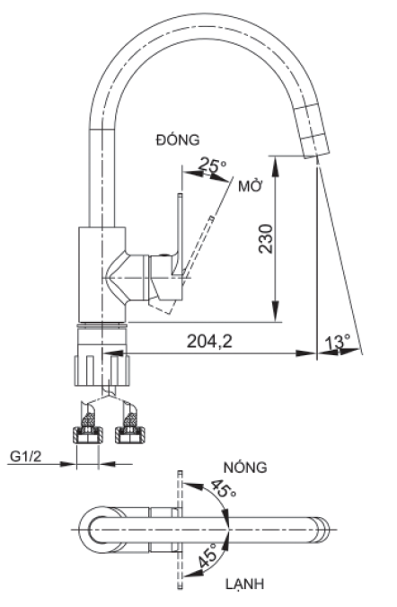 Bản vẽ kỹ thuật vòi rửa chén nóng lạnh Luxta L3223C