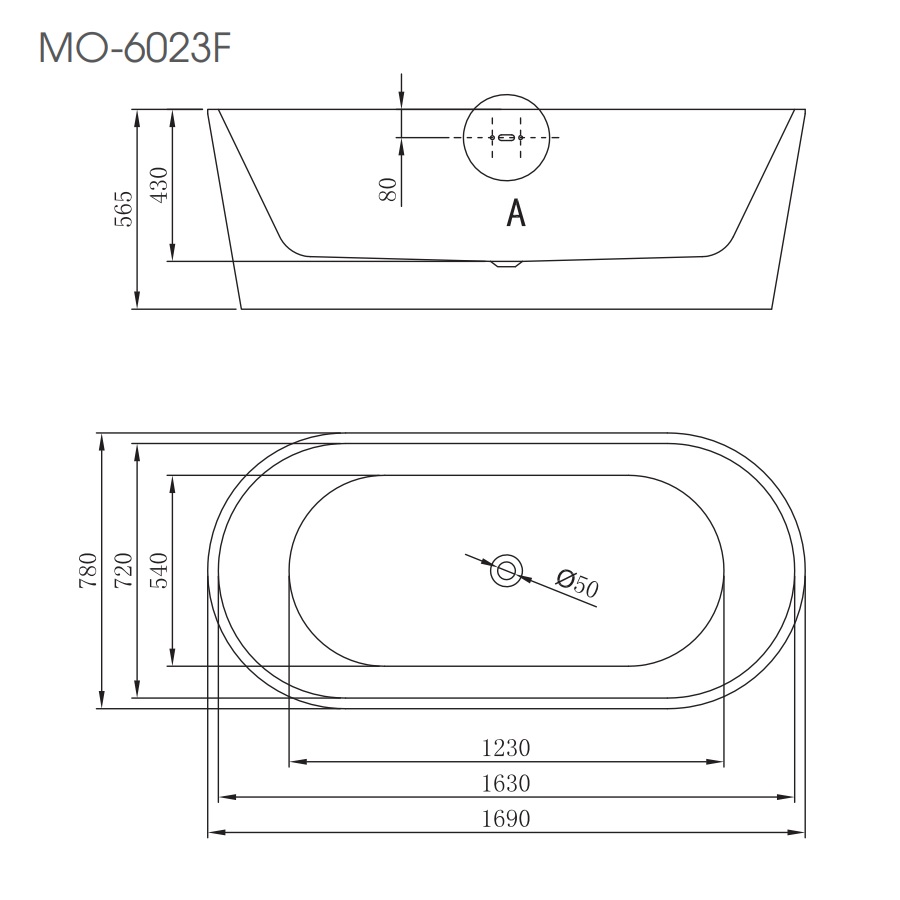Bản vẽ kỹ thuật bồn tắm nằm đặt sàn MANHATTAN MO-6023F