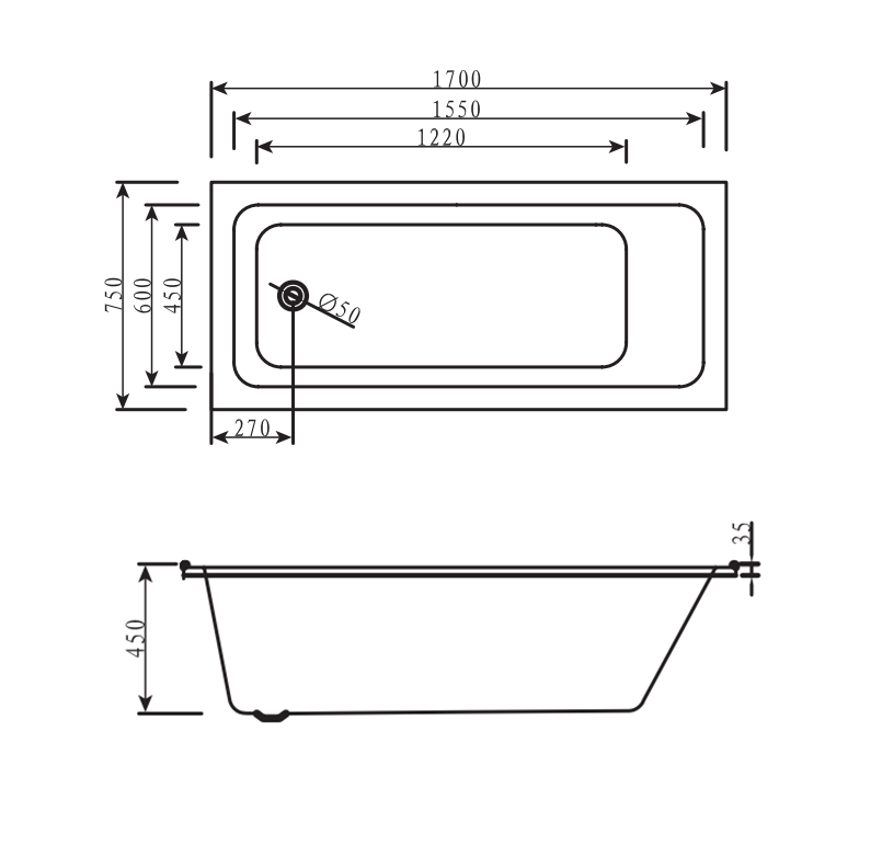 Bồn tắm nằm chữ nhật 1m7 MANHATTAN MS-8875B