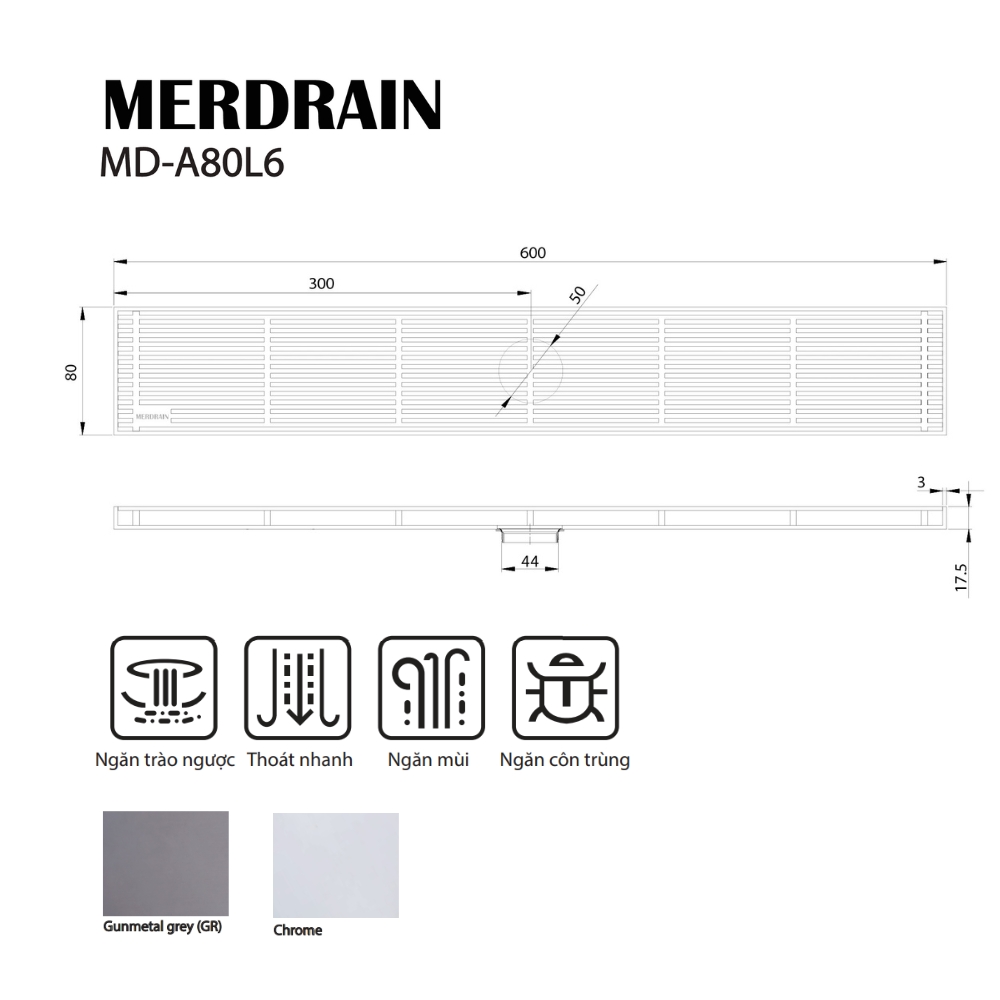 Phễu thanh dài 8x60cm MERDRAIN MD-A80L6