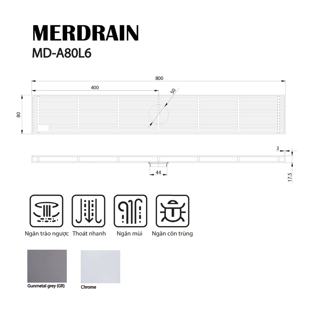 Phễu thanh dài 8x80cm MERDRAIN MD-A80L8