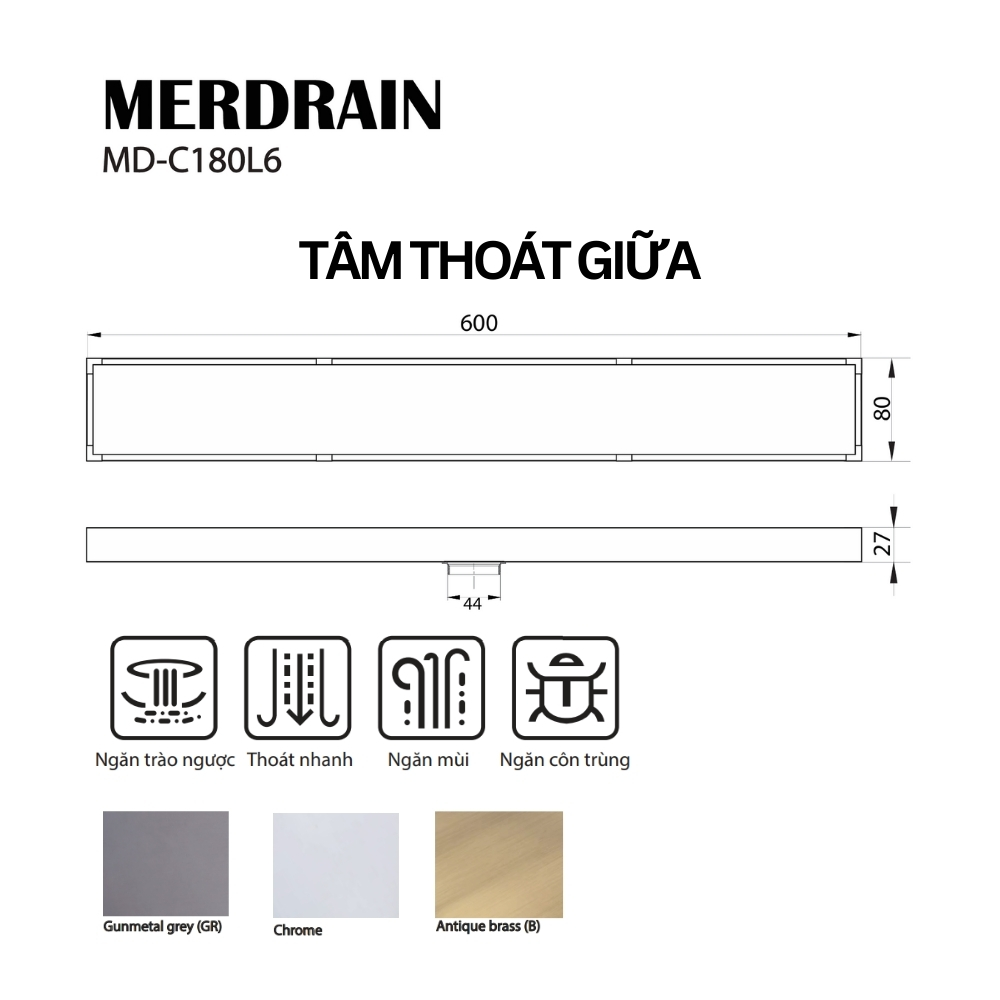 Phễu thanh dài 8x60cm MERDRAIN MD-C180L6 / MD-SC180L6