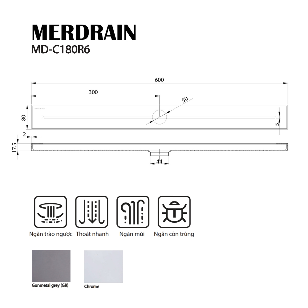 Phễu thanh dài 8x60cm MERDRAIN MD-C180R6