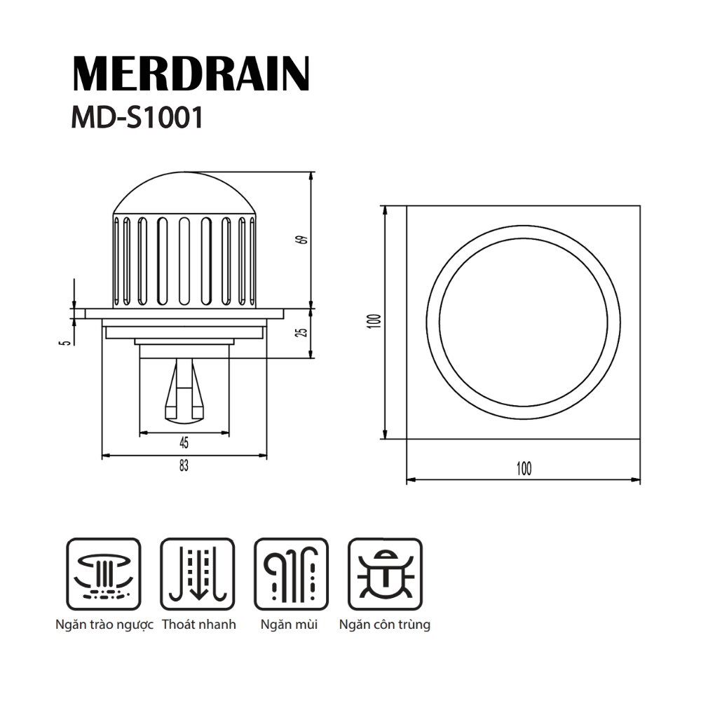 Phễu thoát sàn ban công 10x10cm MERDRAIN MD-S1001