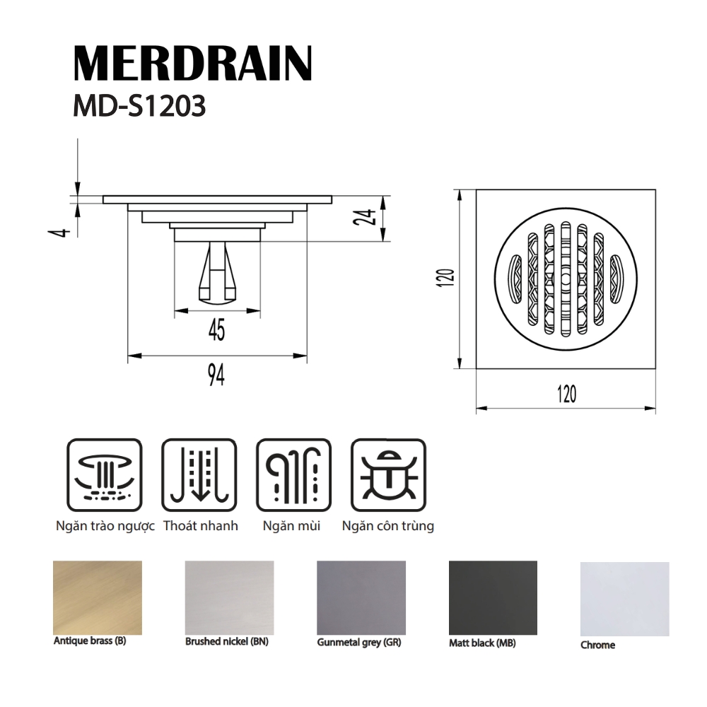 Phễu thoát sàn vuông 12x12cm MERDRAIN MD-S1203