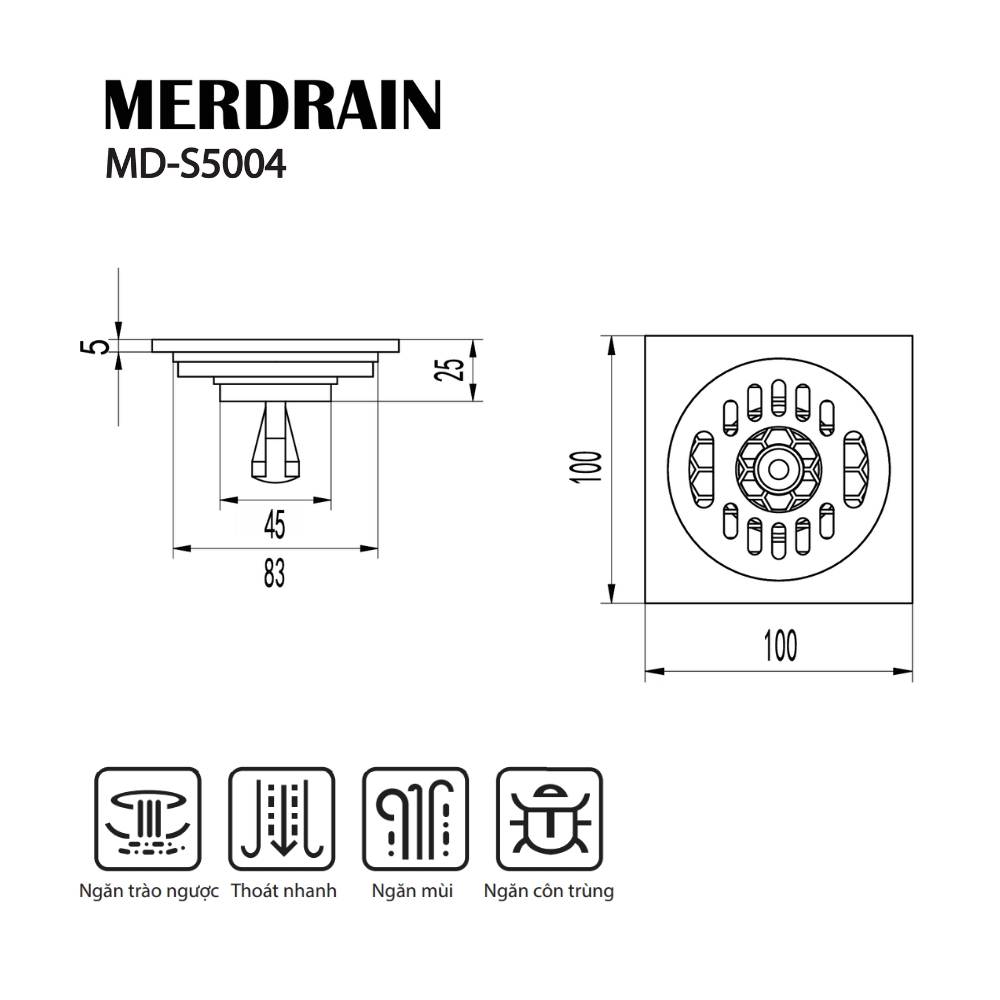 Phễu thoát máy giặt 10x10cm MERDRAIN MD-S5004