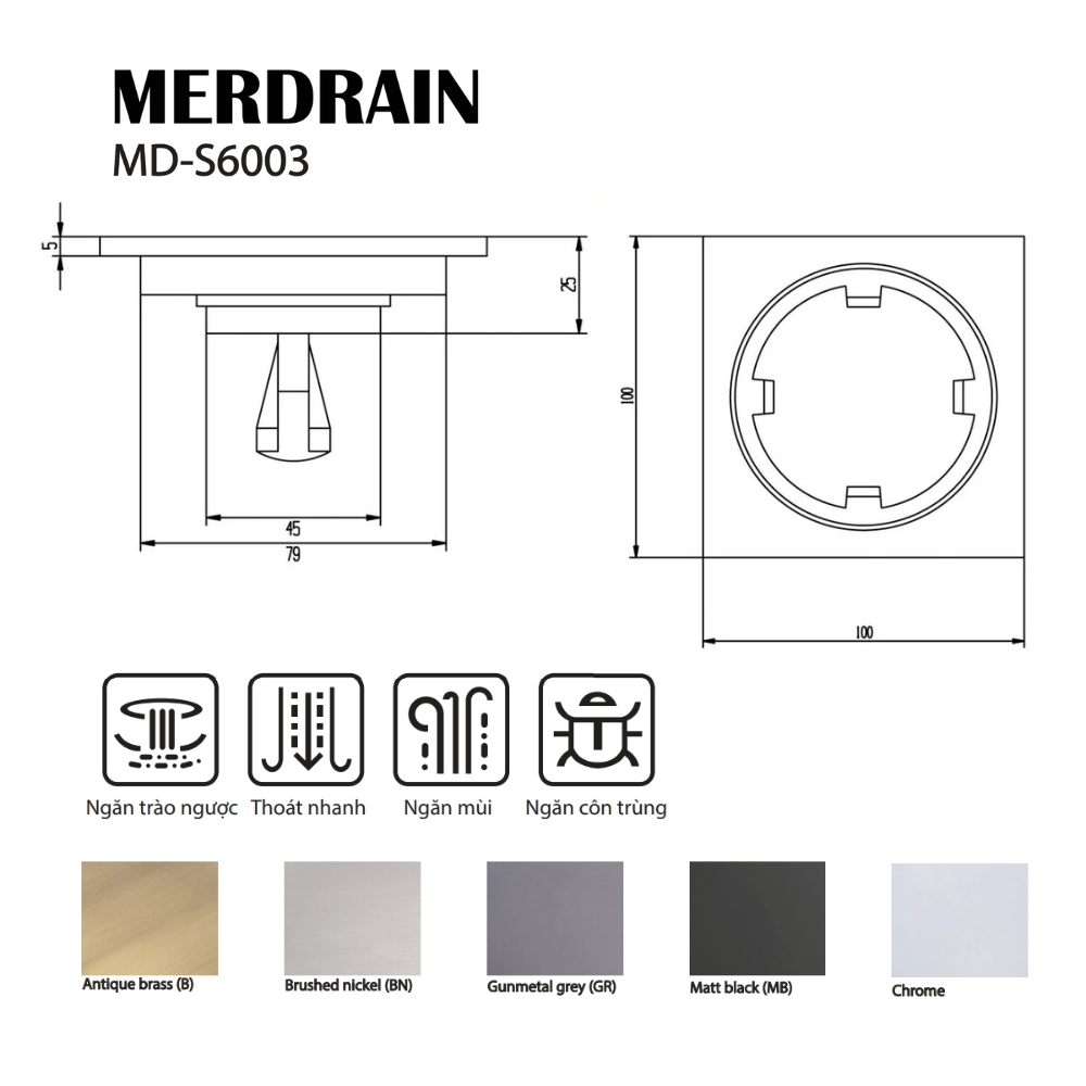 Phễu thoát sàn vuông 10x10cm MERDRAIN MD-S6003