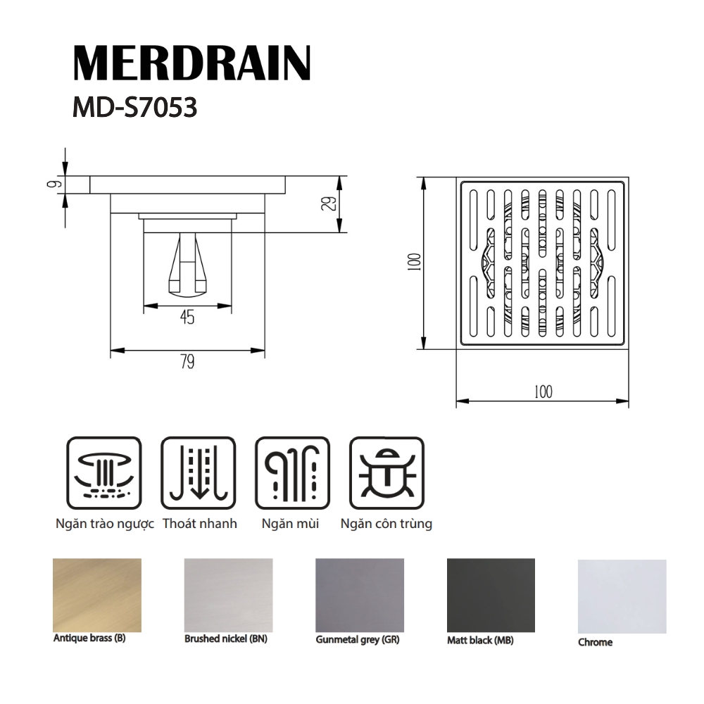 Phễu thoát sàn vuông 10x10cm MERDRAIN MD-S7053